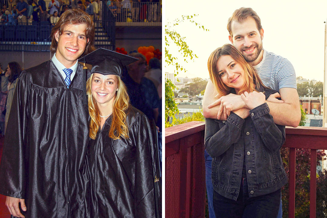 Side by side image of couple at RIT graduation and an image now.