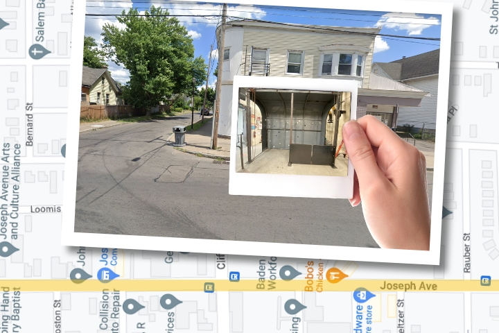 a Polaroid photo of a bus shelter held over a Polaroid of the space where the shelter was built, on top of a Google map.