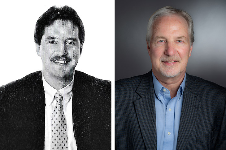 side-by-side portraits of R I T administrator Ed Lincoln in 19 91 and in 20 20.