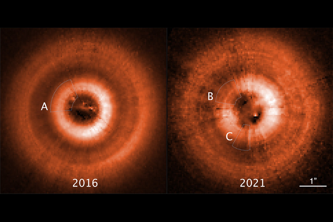 two side-by-side images of star dust shown as concentric circles of varying shades of orange.