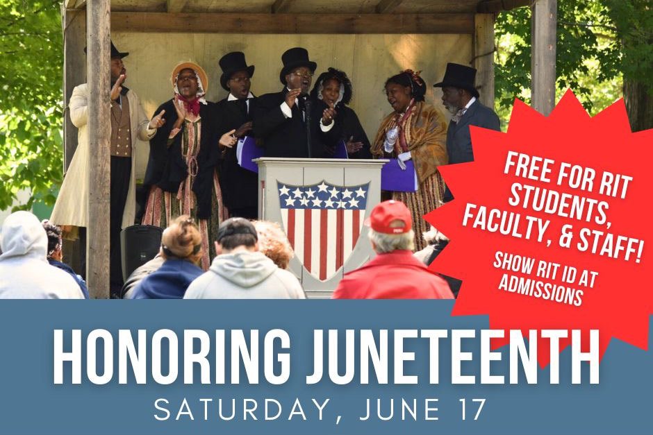 Black actors wearing costumes from the 1800s on a stage, with the words honoring Juneteenth, Saturday, June 17.
