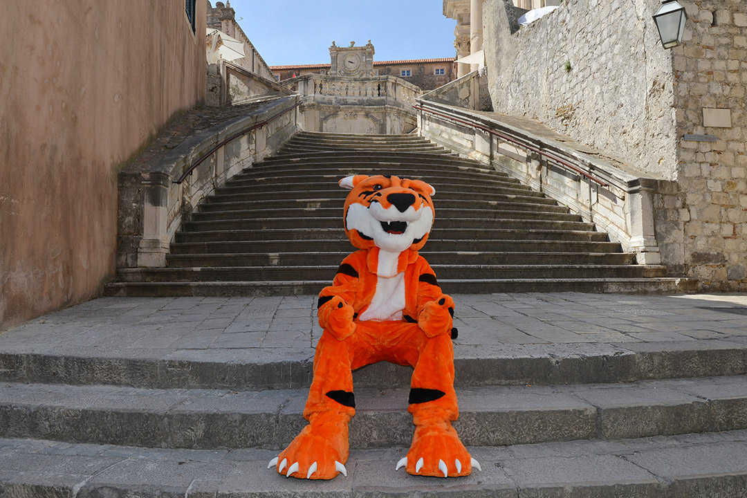 tiger mascot sitting on stone steps outside in Croatia.