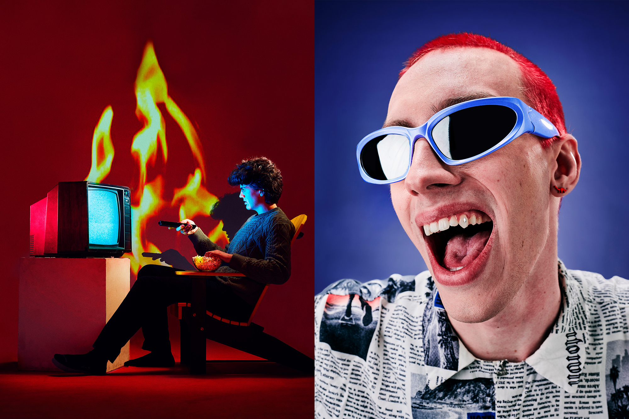 Side by side photos of a person watching TV with fire in the background and a close-up portrait of a person with red hair and sunglasses.