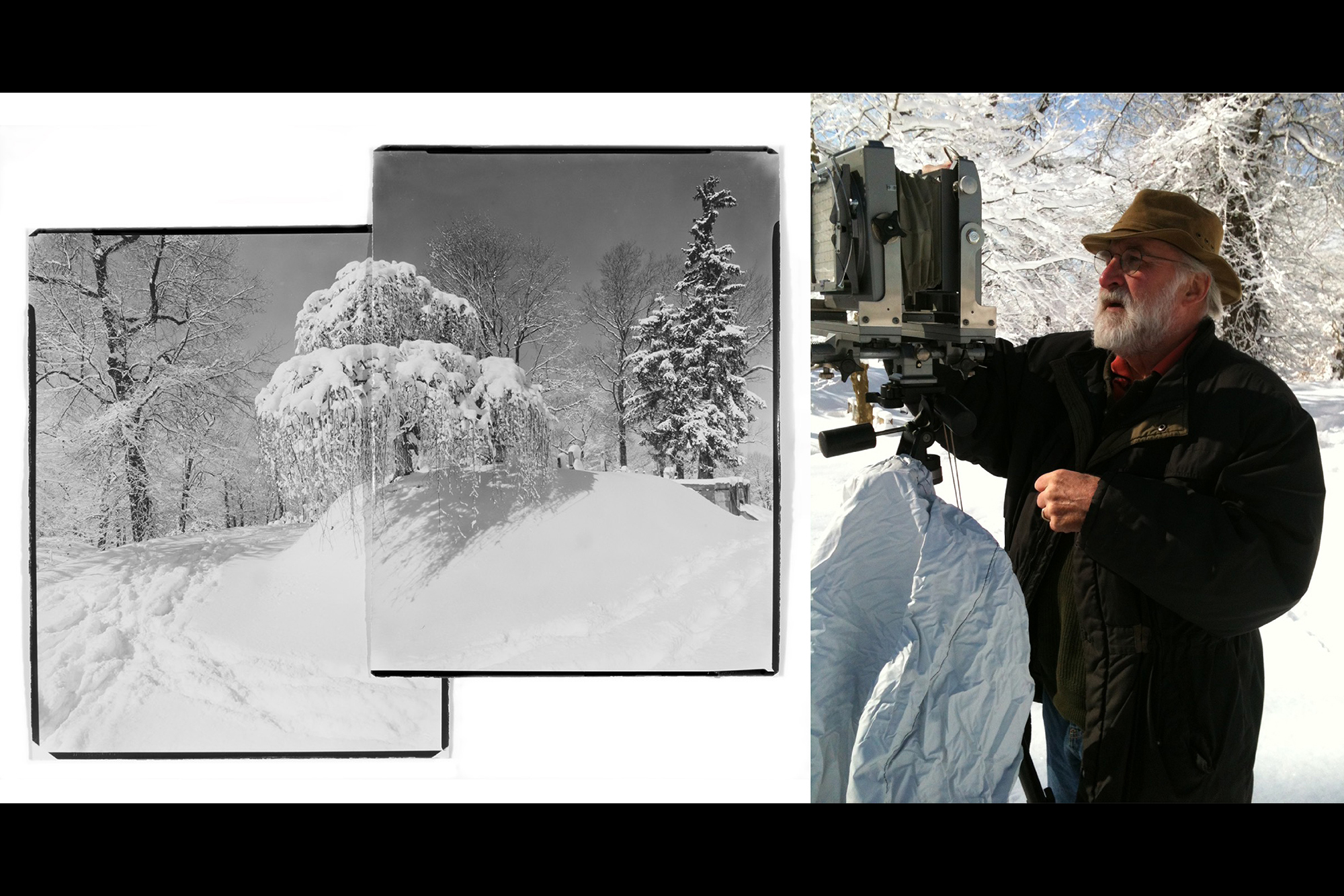 Side by side images of Richard Margolis photographing a willow tree in the wintertime.