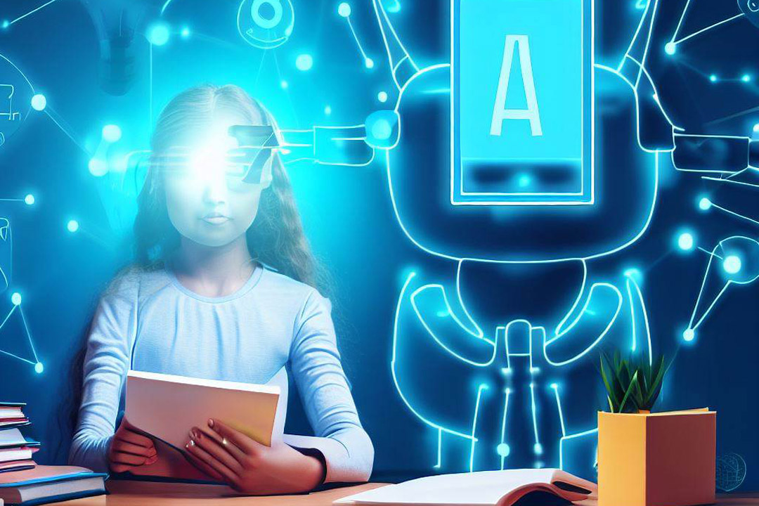 an artificial intelligence generated image that shows an elementary school aged girl next to a graphic of connected glowing blue lines and dots.