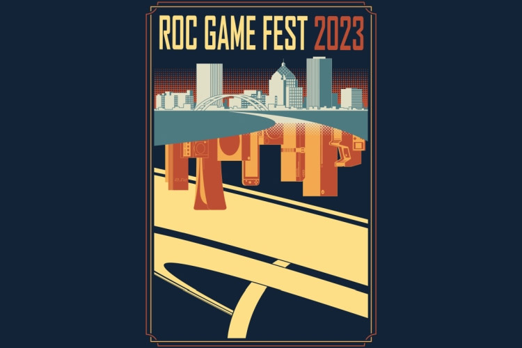 poster for the Roc Game Fest 20 23 featuring a modern drawing of the city of Rochester skyline.