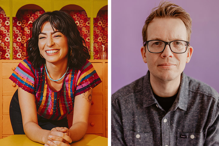 side by side portraits of former S N L cast member Melissa Villasenor and social media icon Hank Green.