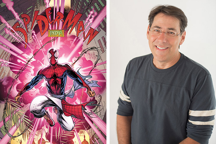 side-by-side images of a comic book cover for Spider Man India with Spider-Man bursting through an explosion, and a portrait of artist Adam Kubert.