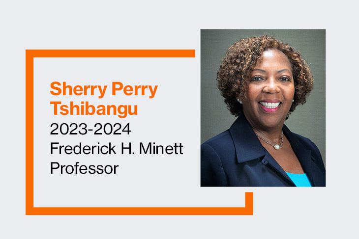 graphic with a portrait of Sherry Perry Tshibangu, 20 23 to 20 24 Frederick H. Minett Professor.