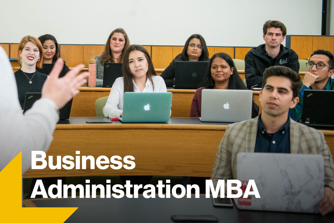 Photo of students with Business Administration MBA text