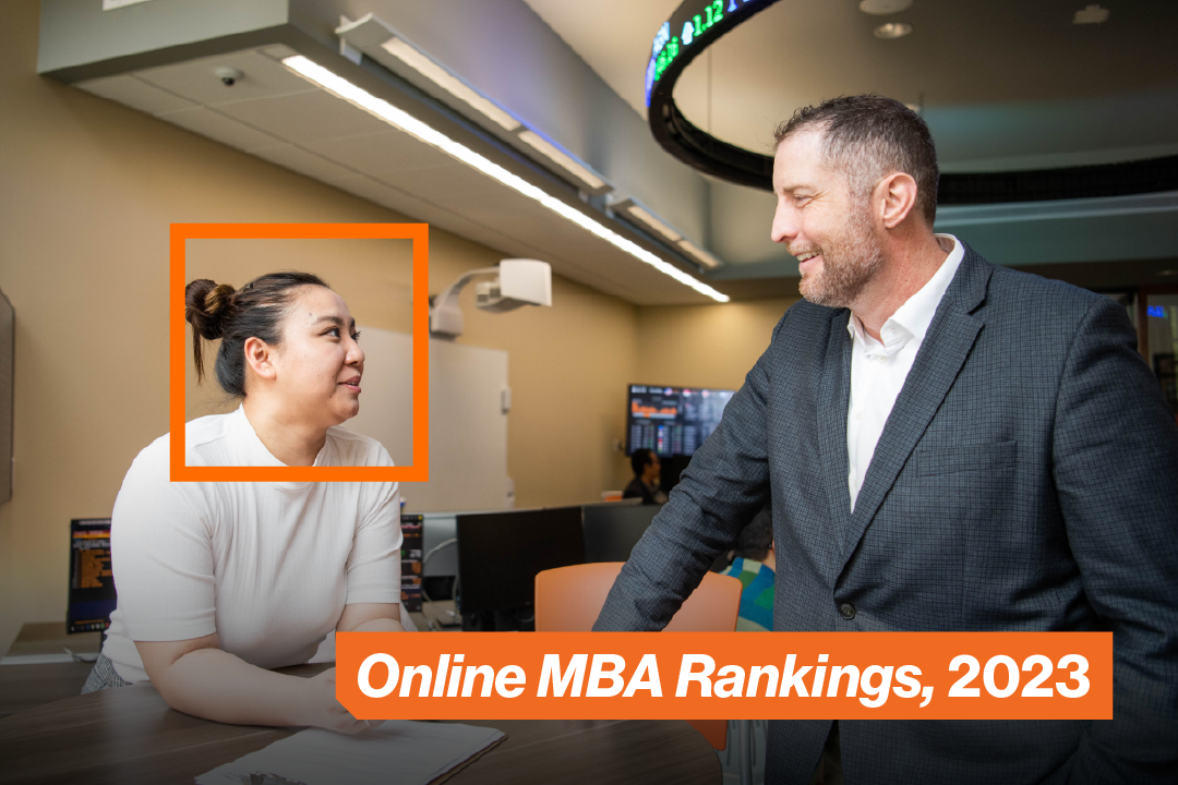 Photo of student and professor with text saying Online MBA Rankings 