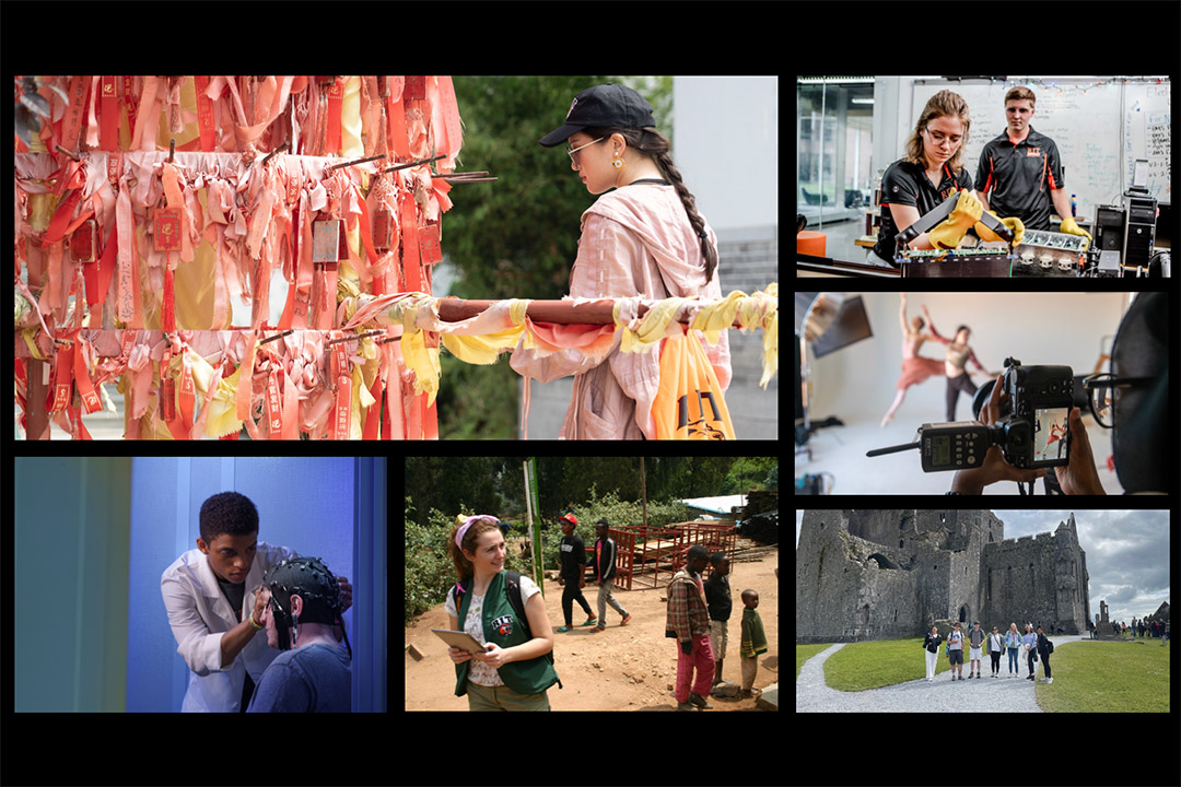 collage of photos showing a college student looking at a tower of pink and red ribbons, college students in a lab, students ballet dancing, students outside of a stone castle, a student and villagers in an African village, and a researcher adjusting sensors on a person's head.