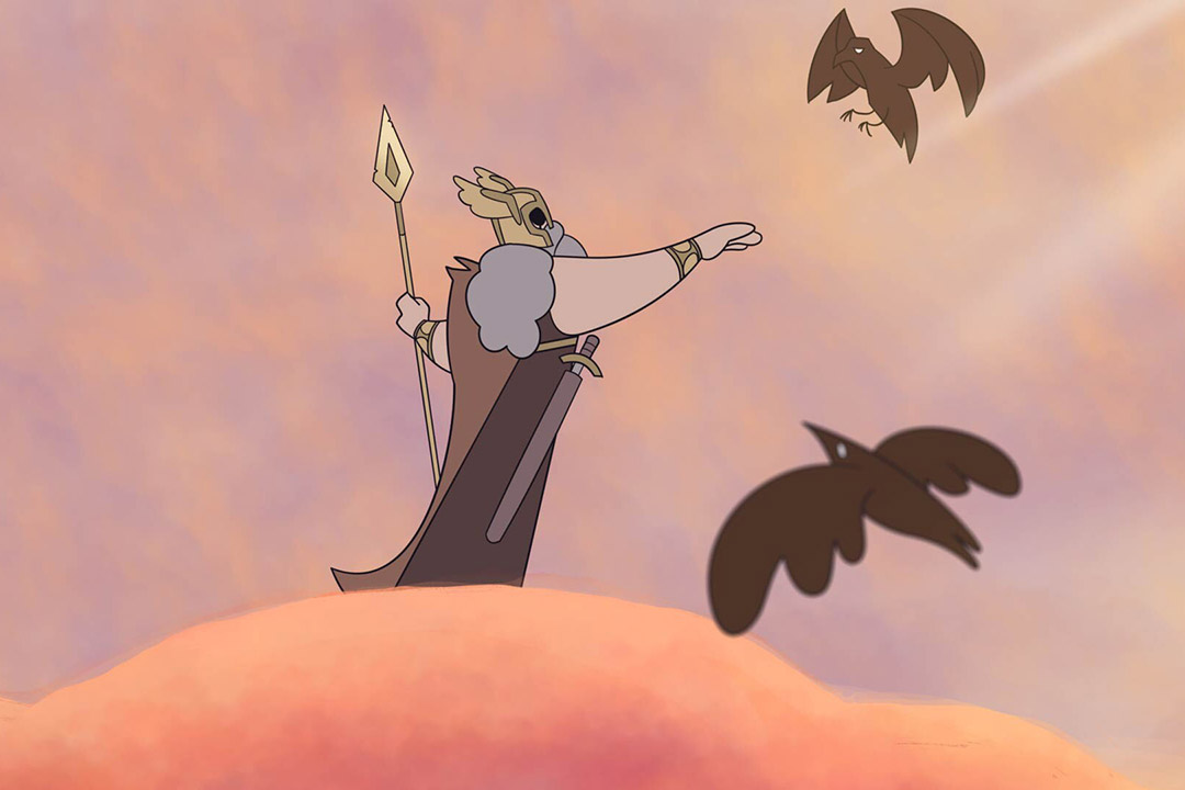 a still from an animated film with a Norse god holding his hand out for a flying raven.