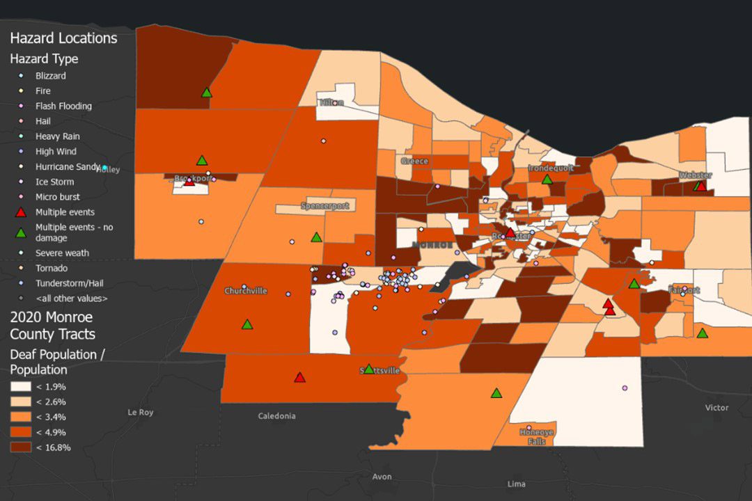 a map of Monroe Country showing the density of the deaf population and the types of weather hazards in the area.