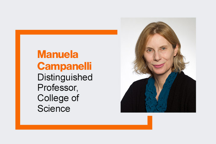 graphic with Manuela Campanelli, distinguished professor in the College of Science.