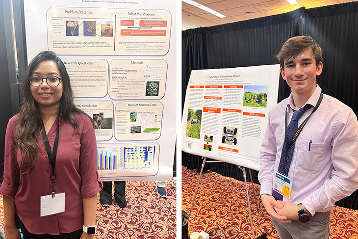 two images of college students standing next to poster presentations.