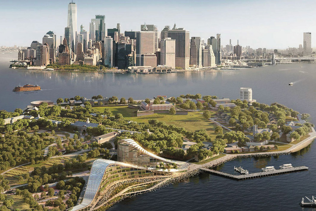 Aerial view of Governors Island and New York City.