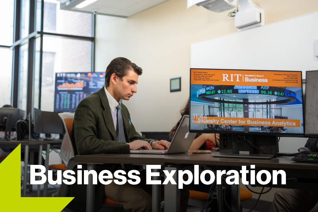 Photo of student on computer with business exploration text