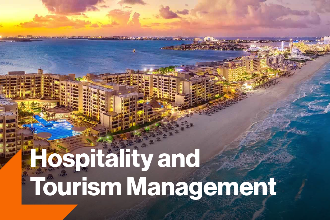 Photo of hotels on an island with hospitality and tourism management text