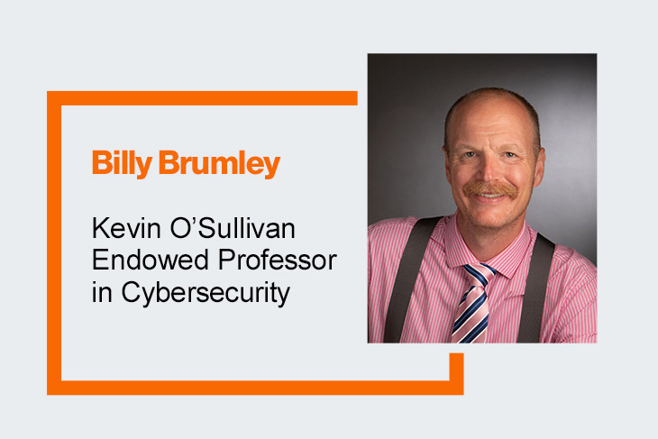graphic with portrait of Billy Brumley, the Kevin O Sullivan endowed professor in cybersecurity.