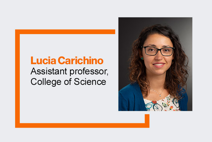 graphic featuring Lucia Carichino, assistant professor, College of Science.