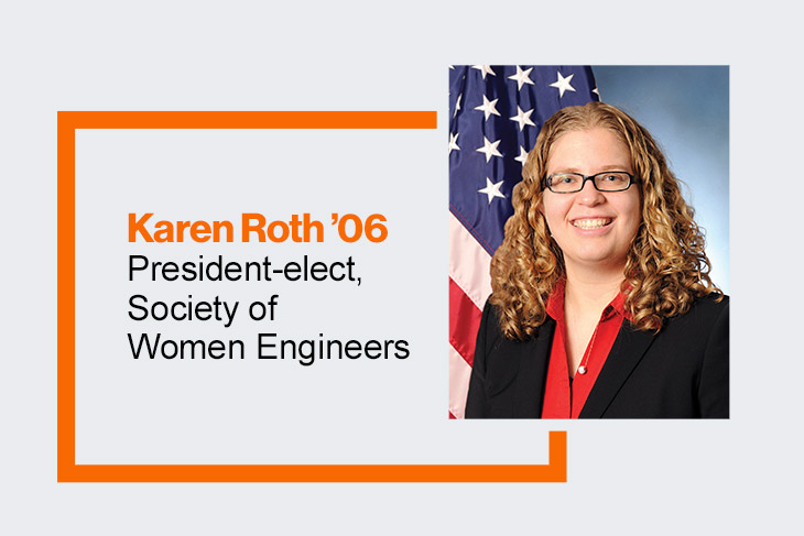 graphic with photo of Karen Roth, O 6 graduate of R I T and president-elect of the Society of Women Engineers.