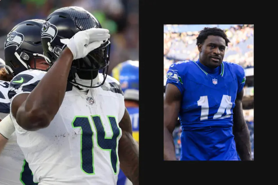 side by side images of Seattle Seahawks football player D K Metcalf wearing the number 14 jersey.