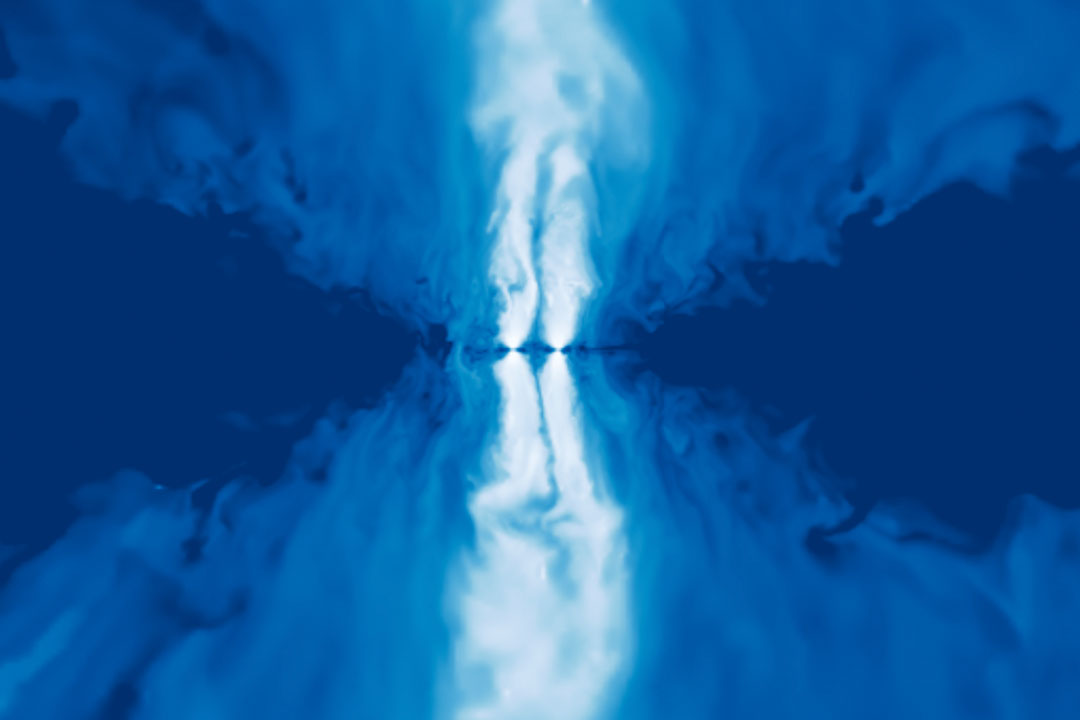 a visualization of electromagnetic signals emerging supermassive black hole. The image is blue with lighter blue cloud flares.