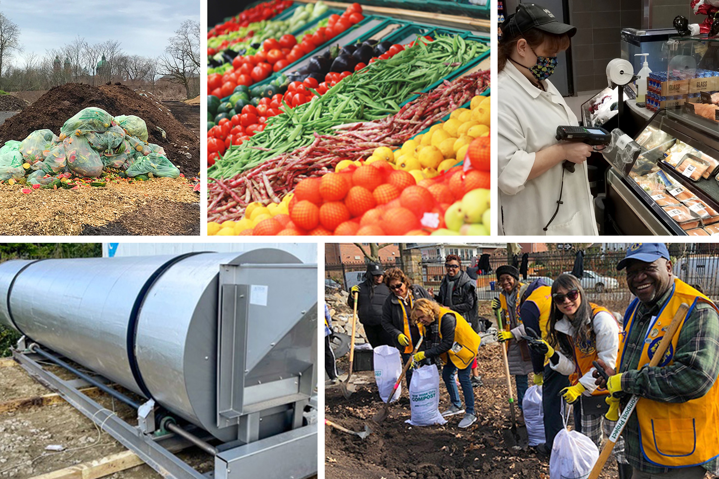 A composite grid of photos showing (from top left, clockwise) food waste, fresh produce, a grocery store worker, an anaerobic digester, and a group of people doing yard work. 