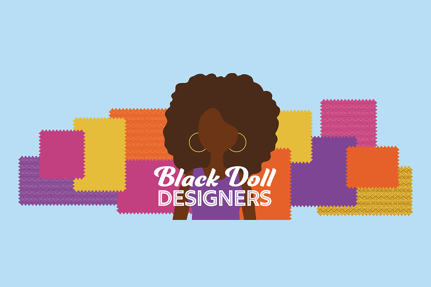 A graphic with a silhouette surrounded by saturated patterns with text that reads Black Doll Designers.