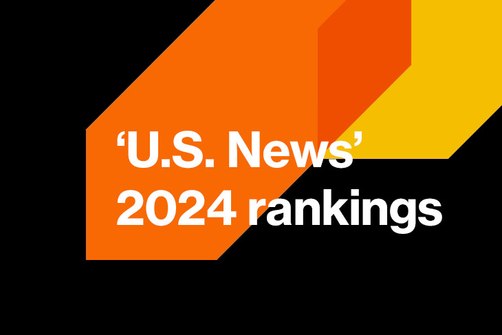a banner displaying the text US NEWS 2024 Rankings on a black background with orange and yellow flags behind the text