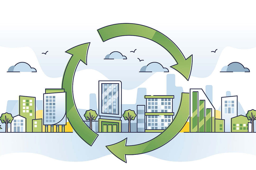 an illustration showing a city skyline in the background and a round recycle arrow image over it