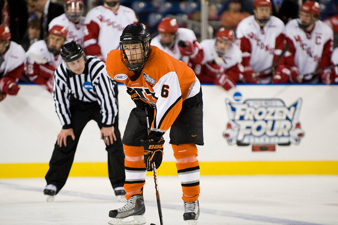 Dan Ringwald, former defenseman and team leader of the 2010 RIT men’s hockey team is shown on the ice.