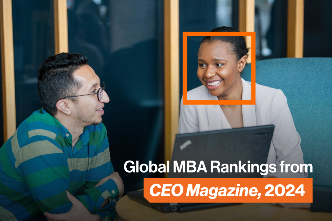 'Two students working with text over them that says Global MBA Rankings from CEO Magazine, 2024'