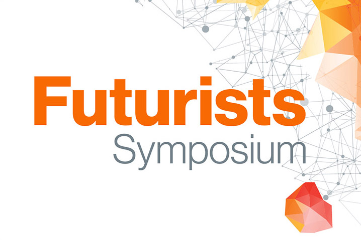 a colorful background is set behind the text Futurists Symposium.