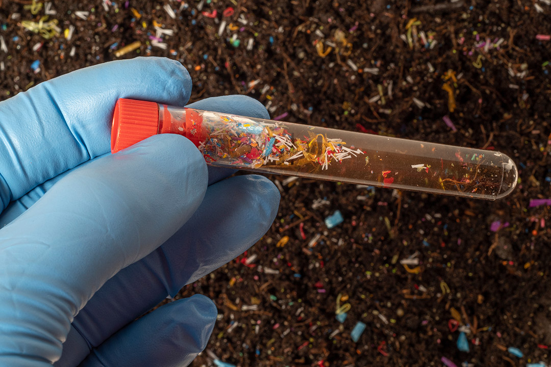 a hand in a blue glove is holding a test tube containing large amounts of microplastics.