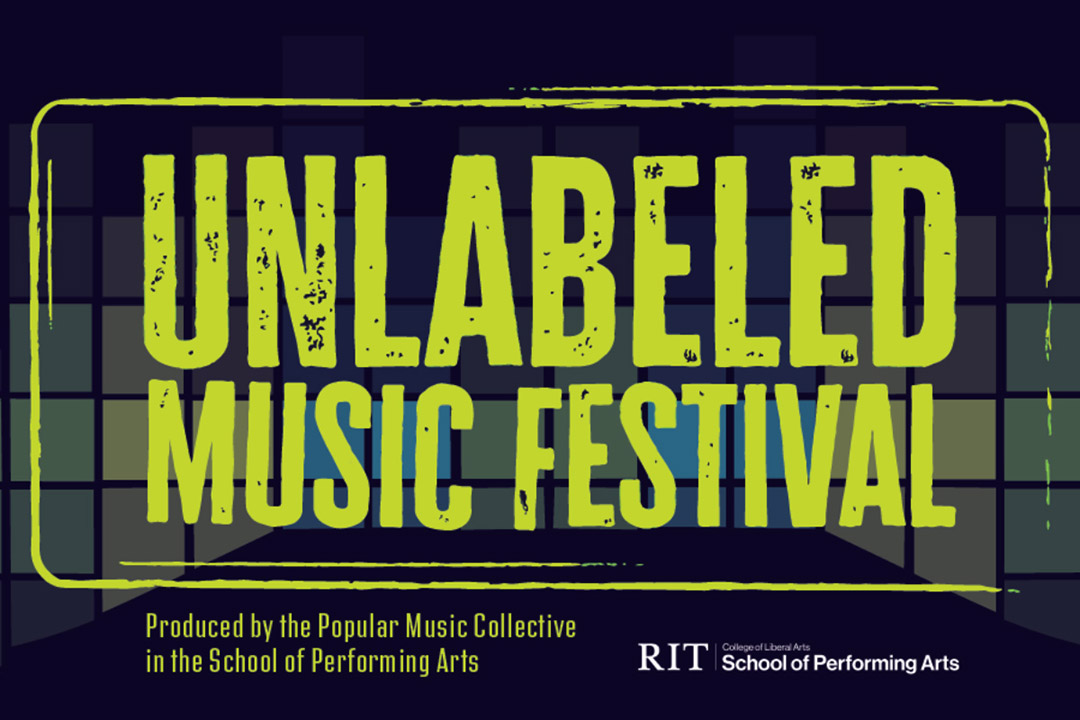 a poster for the Unlabeled music fest is shown with lime green text on a gray background.