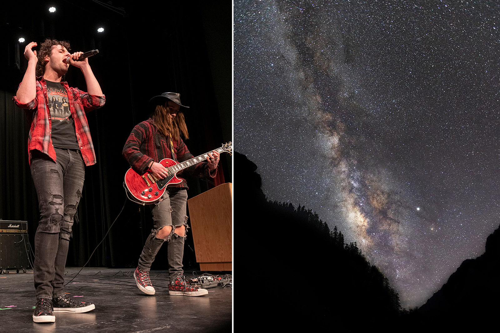 A diptych image where Quinn Freidenburg sings on stage on the left and a photo of space from the Himalayan Mountains on the right.