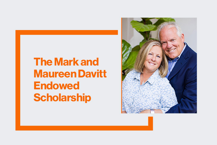 a man and woman appear together in a photo on the right side of the image. Surrounding them is an orange box with the name of their scholarship appearing next to their photo.