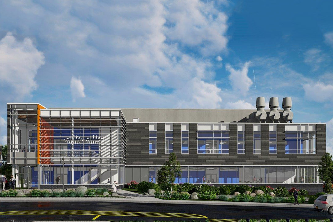 A rendering of the new research building that is under construction on the southwest side of campus near Global Village. 