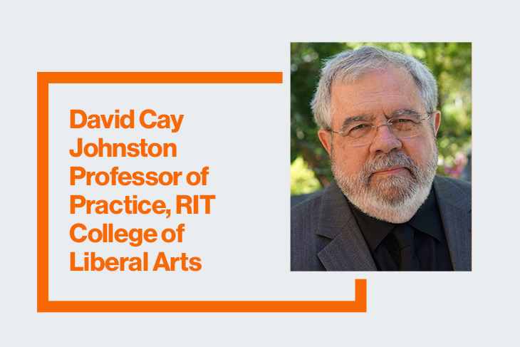 'a headshot of David Cay Johnston next to his title in orange text.'