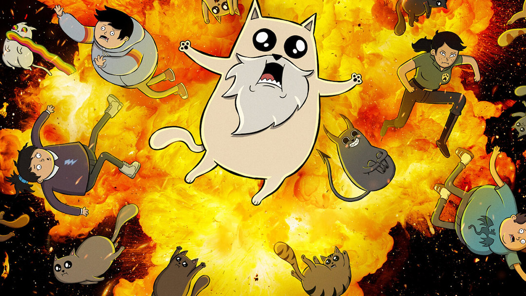 a cartoon cat is shown leaping from an explosion with other cats and people in the background.