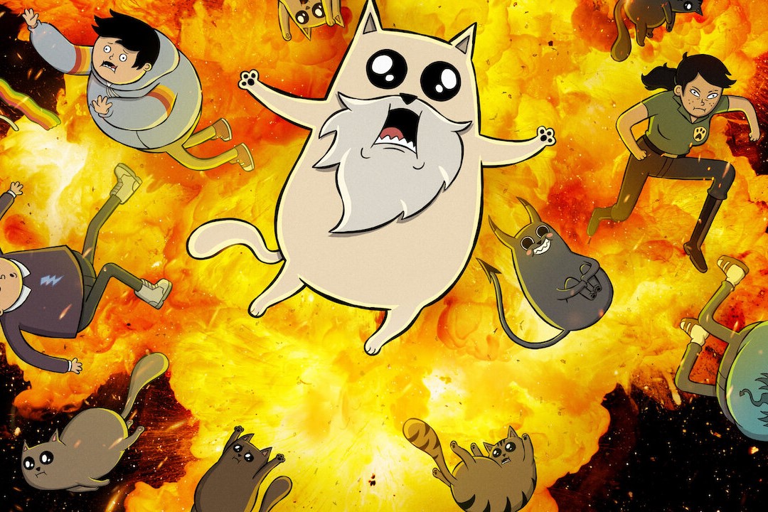 Cartoon cat in front of firey explosion. 