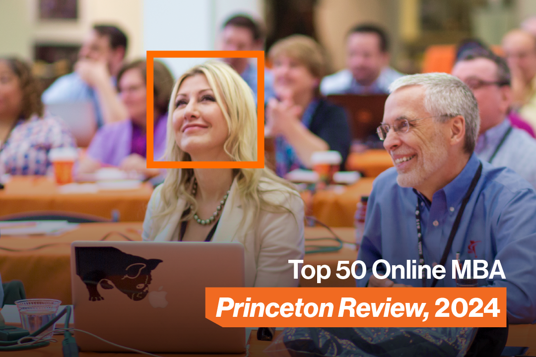 MBA Students in Classroom, Top 50 Online MBA Princeton Review, 2024 Text