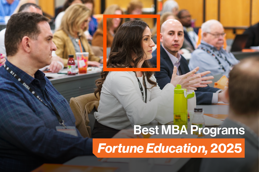 Student in class with orange square around her face. With words Best MBA Programs Fortune Education, 2025