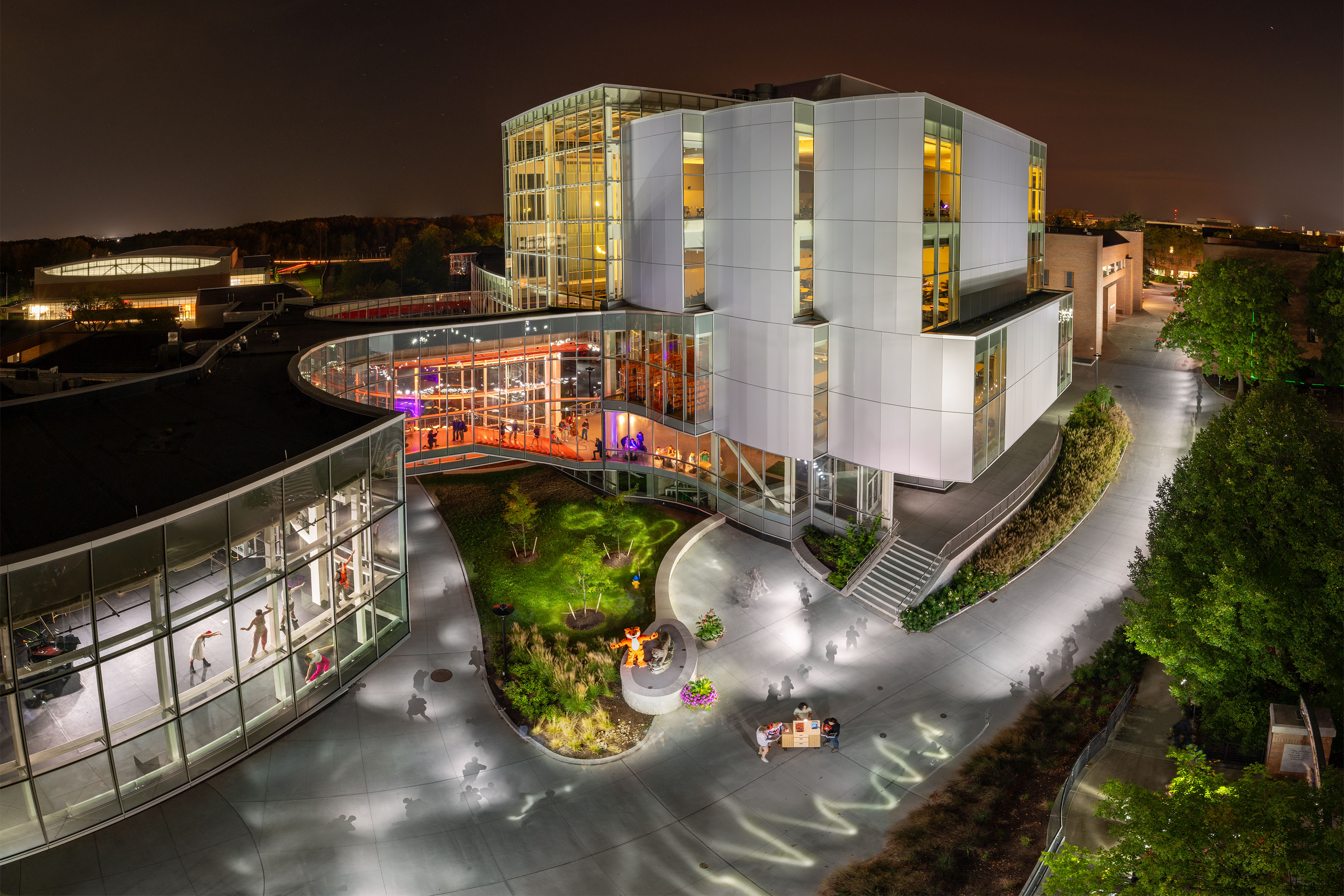 Aerial shot of the Student Hall for Exploration and Development at night.