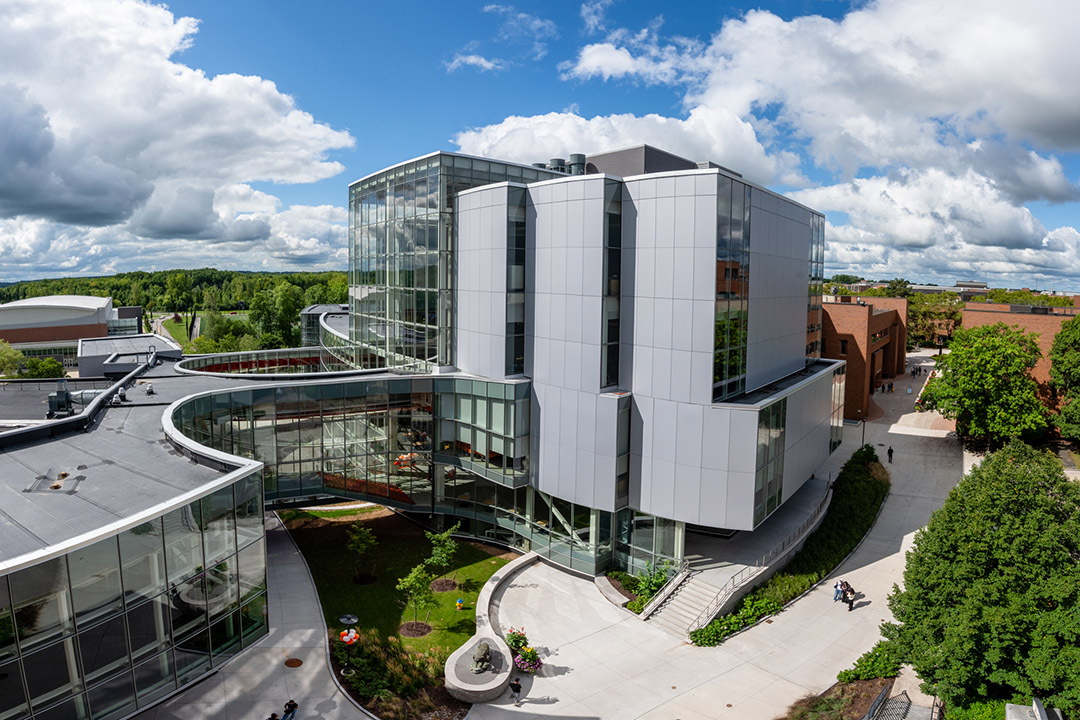 'a birds eye view of R I T's Student Hall for Exploration and Development (the SHED).'