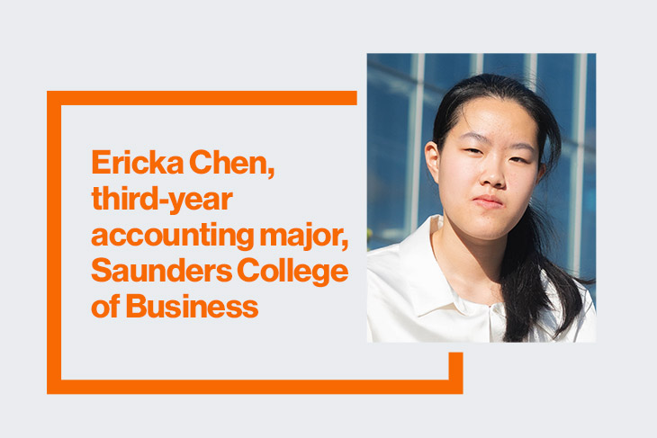 'a headshot of Ericka Chen appears on the right side of a white box. A hollow orange square appears to the right with her name and the name of her school, the Saunders College of Business inside it in orange.'