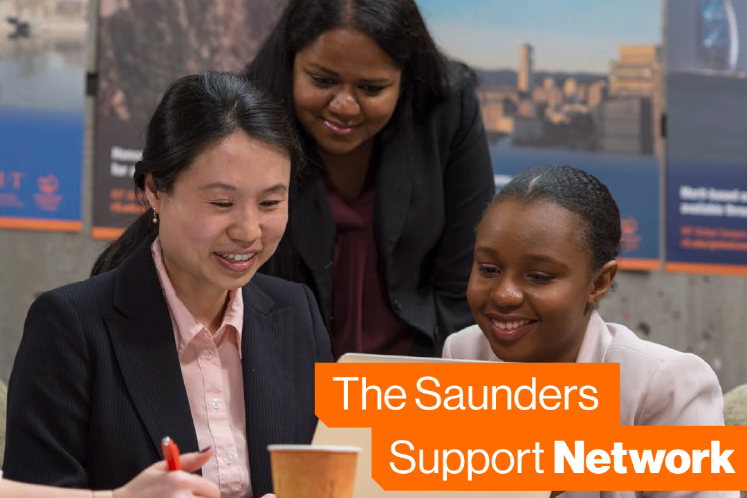 Saunders students and a professor gather around a laptop. There is an overlay with the words, The Saunders Support Network.