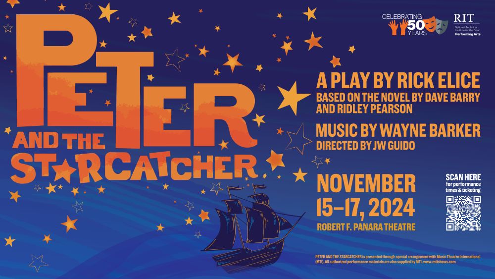 Poster for Peter and the Starcatcher with blue background with drawing of a sailing ship and stars with information about the play in orange and a QR code.